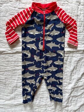 Baby Boden Shark-Print Rashguard Swimsuit, 18-24 months